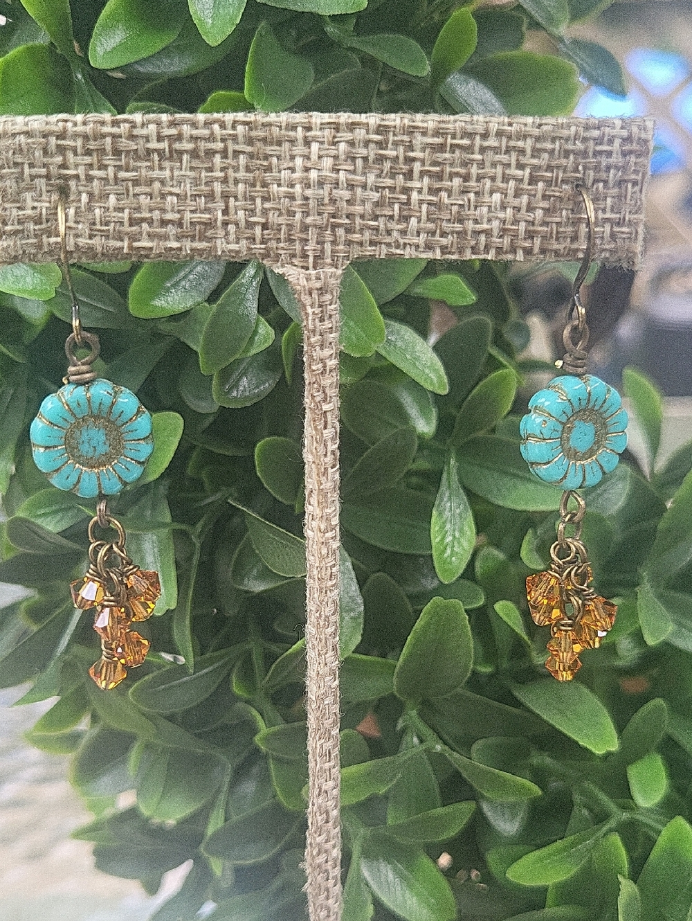 Turquoise Flower Drop Earrings with Amber Crystal Clusters